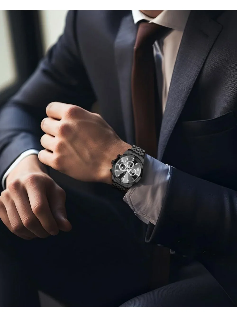 Men's Black Chronograph Stainless Steel Waterproof Analog Quartz Wrist Watch